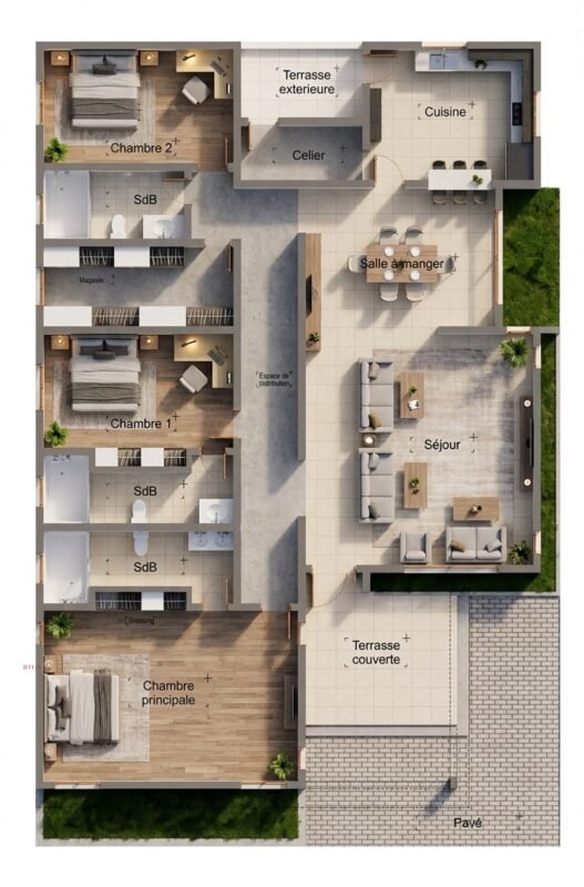 Exemple de plan 3D montrant l’organisation intérieure d’une villa